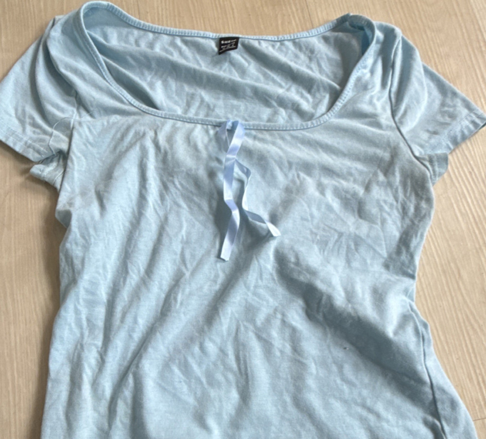 SHEIN Blue Solid Knit Cotton Bow Scoop Neck Short Sleeve T-Shirt Size M