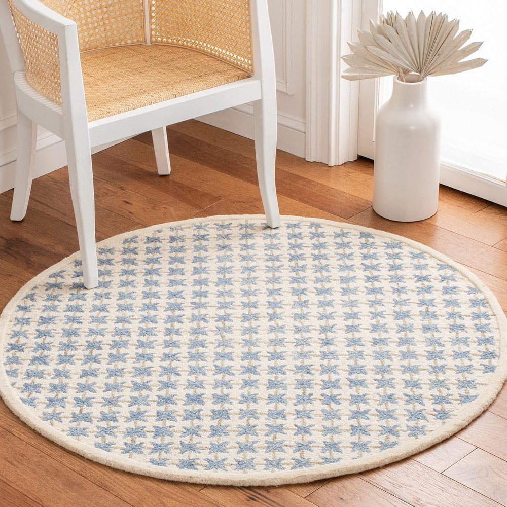 Round Ivory/Blue  Handmade Premium Wool Area Rug