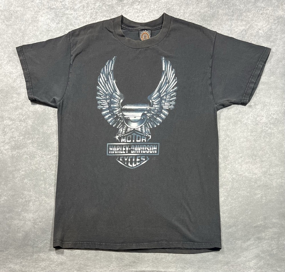 Vintage 90s Harley Davidson Chrome Eagle Biker Black Tee Shirt Size Large
