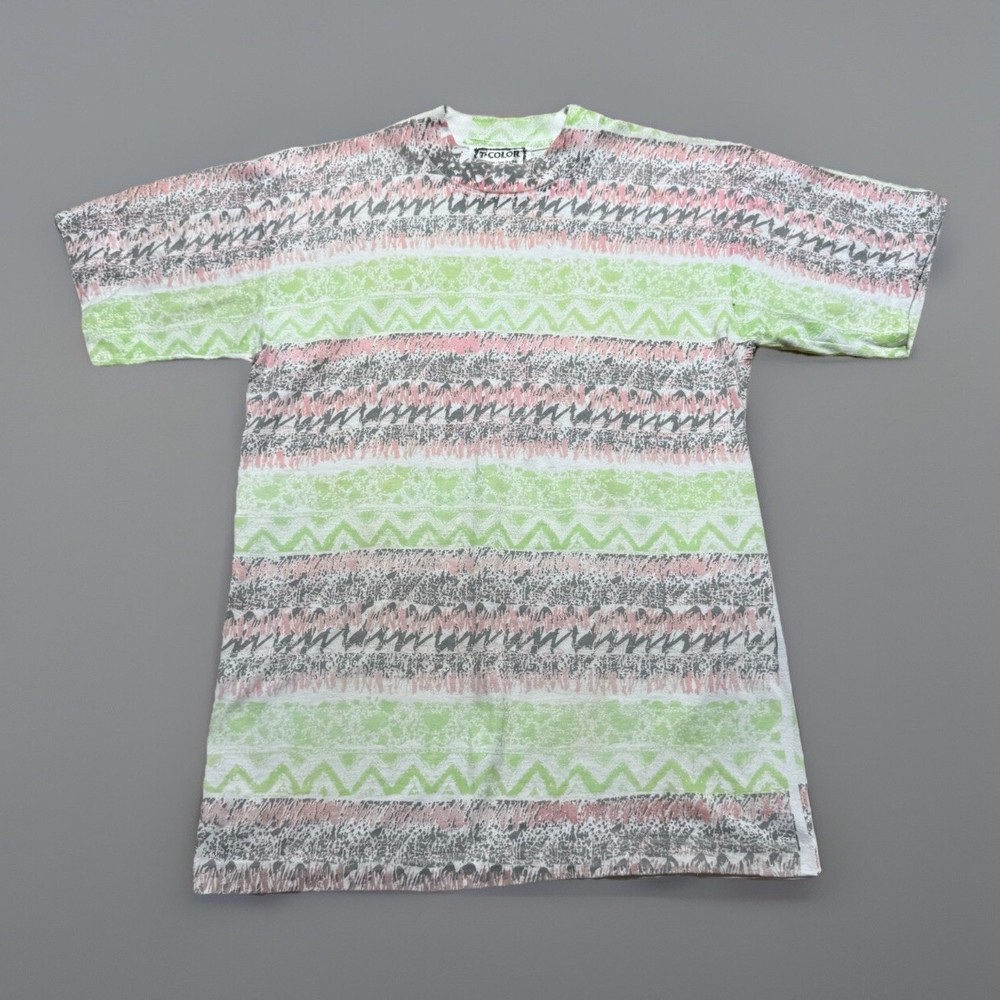 Vintage 80s T-Color Tomtom Abstract AOP Art Surf Rasta Shirt Size Small