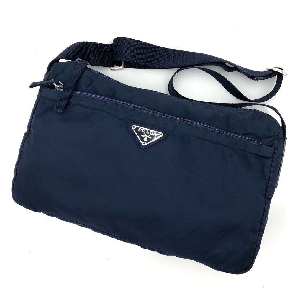 RARE Prada Navy Blue Nylon Leather Shoulder Bag with Triangle Logo Plate