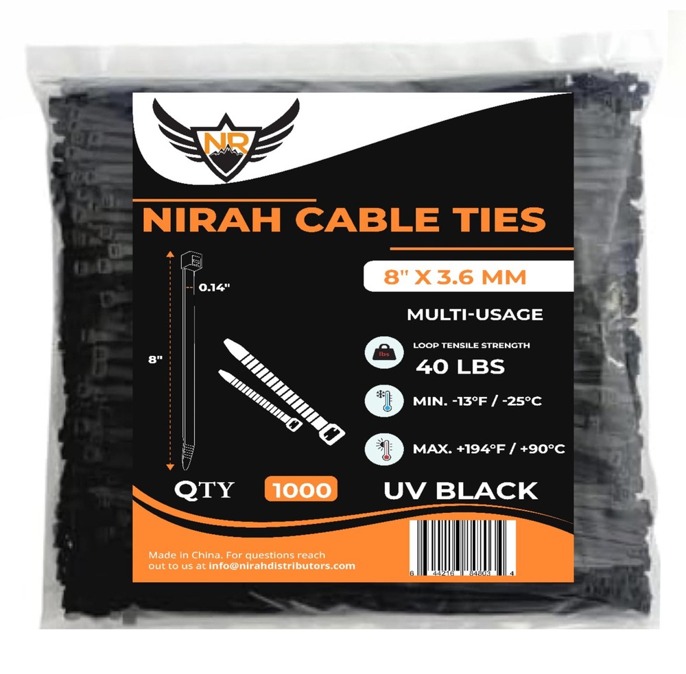 1000 Pack 8-Inch Heavy-Duty Zip Ties 40 lb Strength UV Resistant Self-Locking
