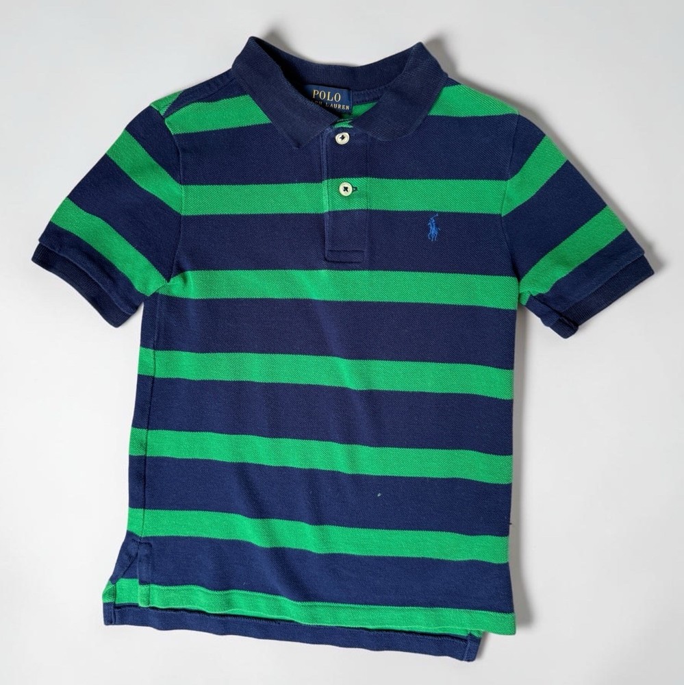 Polo Ralph Lauren Boys Size 5 Blue Green Striped Polo Shirt Short Sleeve Cotton