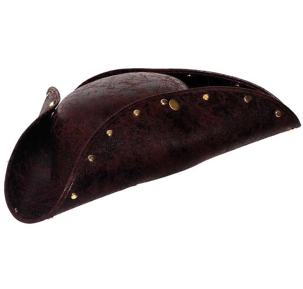 Adult Brown Faux Leather Colonial Pirate Studded Tri-Corner Tricorn Costume Hat
