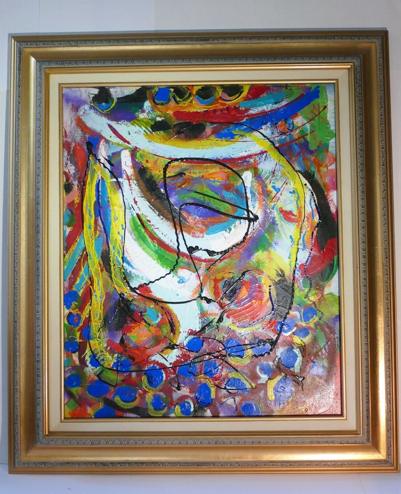 Modern art abstract acrylic painted gallery finish with frame gold ready to hang-image