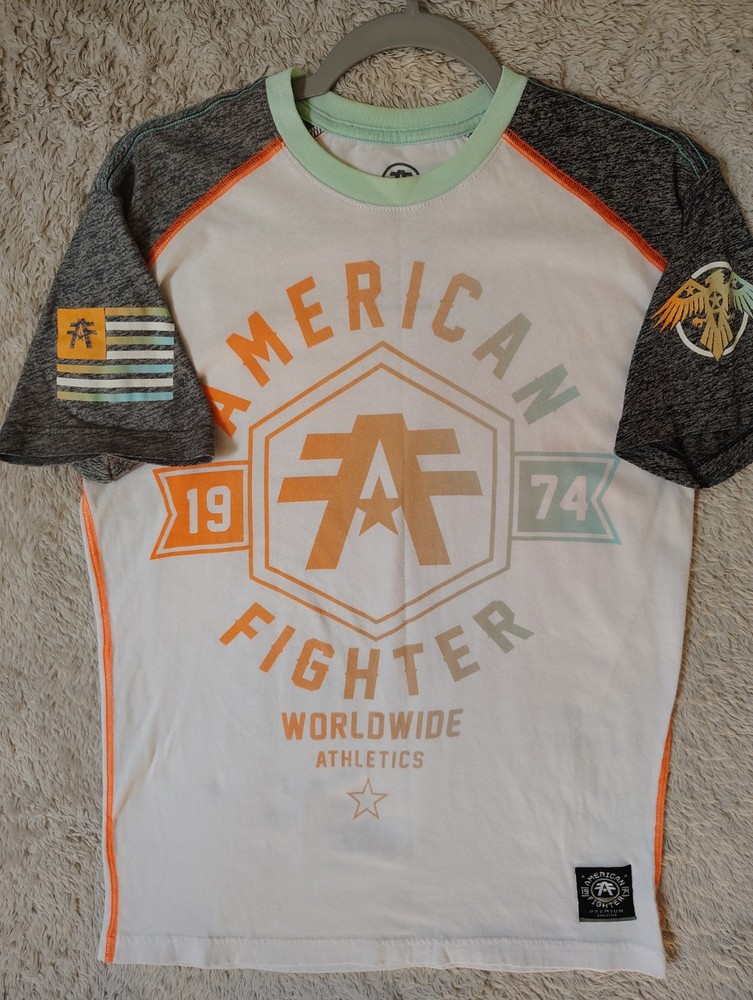 American Fighter Mens White Gray Blue Short Sleeve Graphic Tee Size Medium