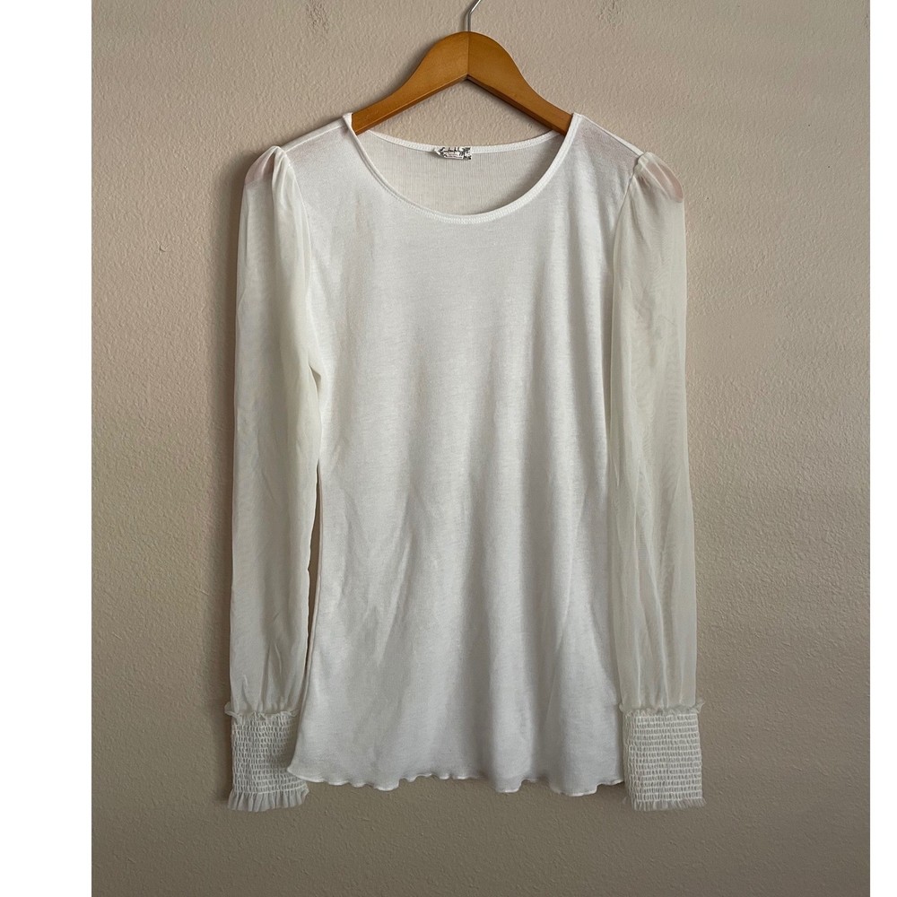 Intimately Free People White Sheer Mesh Puff Sleeve Top Smocked Large Fairy Boho