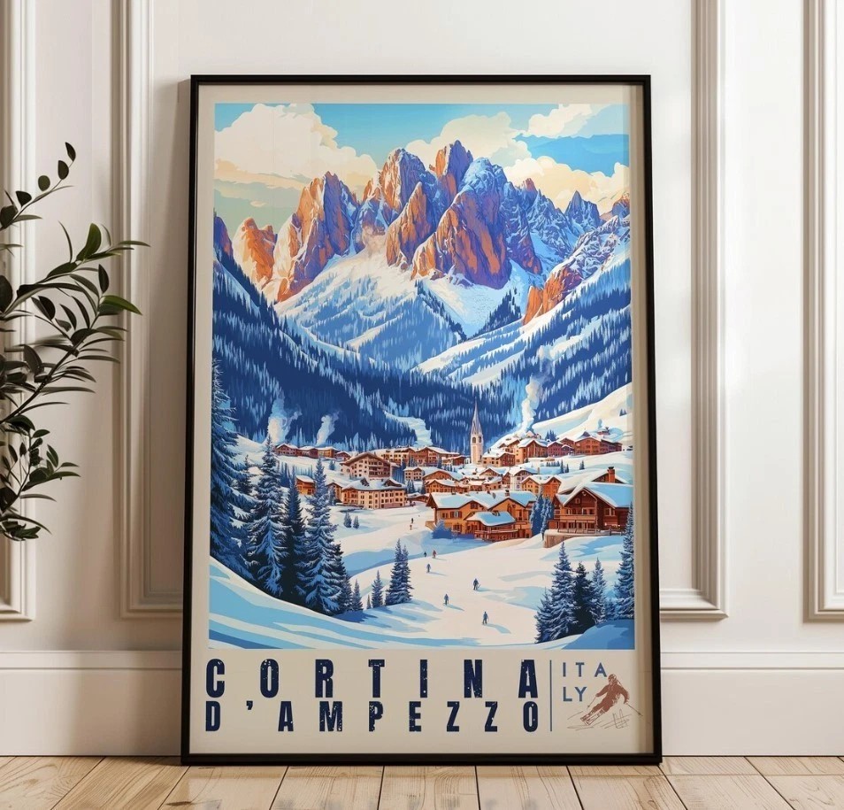 Cortina d'Ampezzo Italy Winter Travel Poster Snow Mountain Wall Art Print