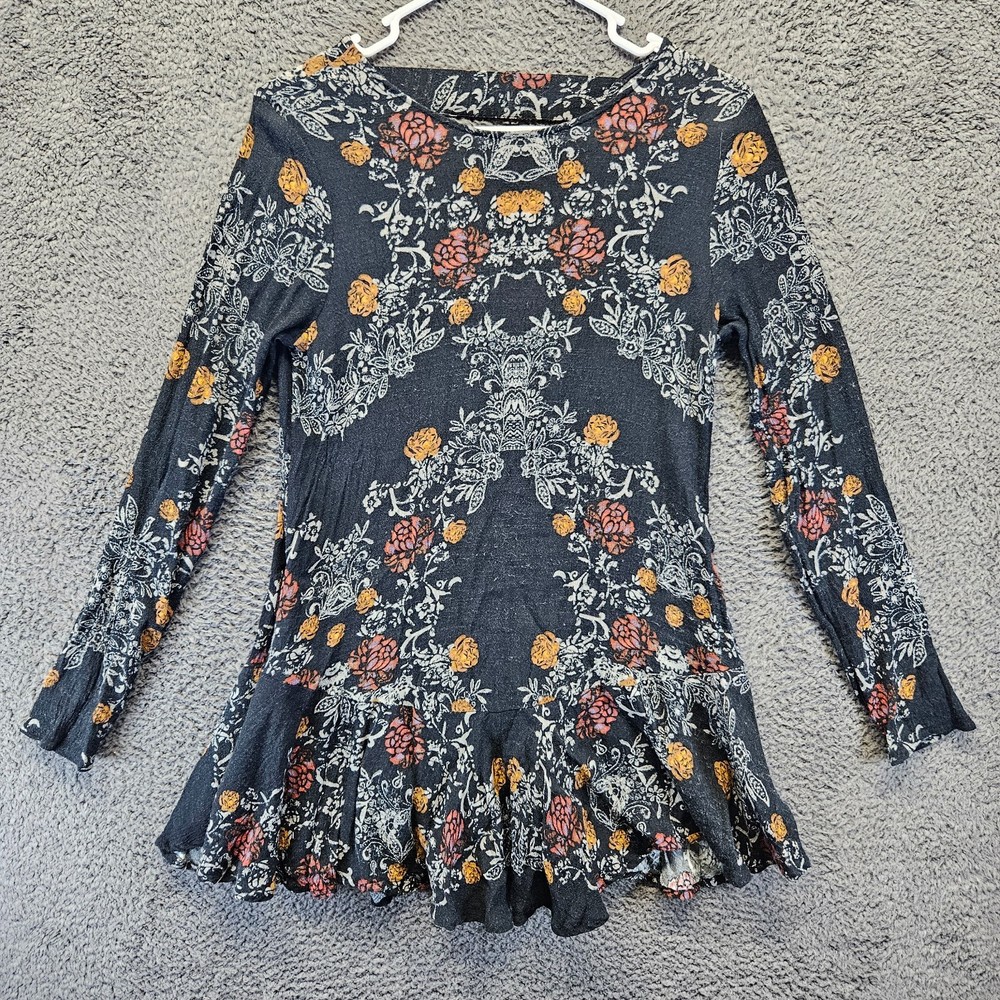 Free People Blouse Womens XS Black Floral Peplum Long Sleeves Open Back