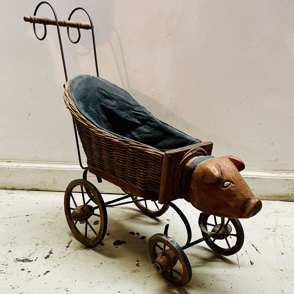 Vintage Pig Head BABY STROLLER / BUGGY Wicker & Iron For Toy Dolls RARE