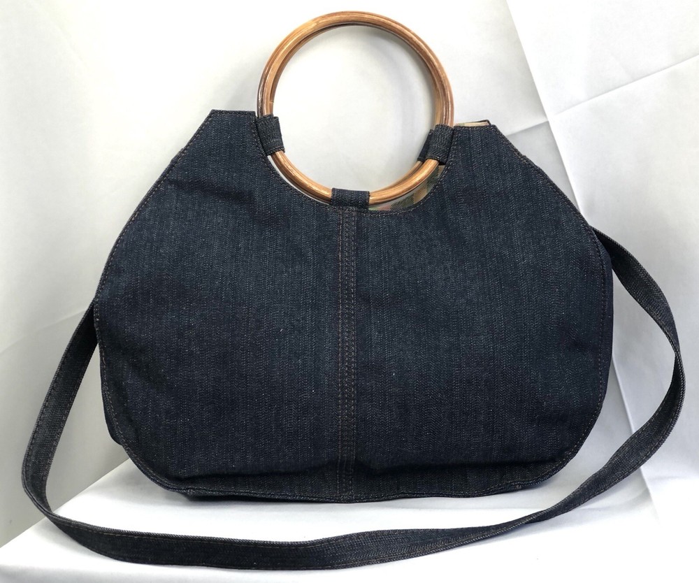 Vintage Blue Jean Handbag Purse Double Wood Handles Removable Strap Retro Y2K