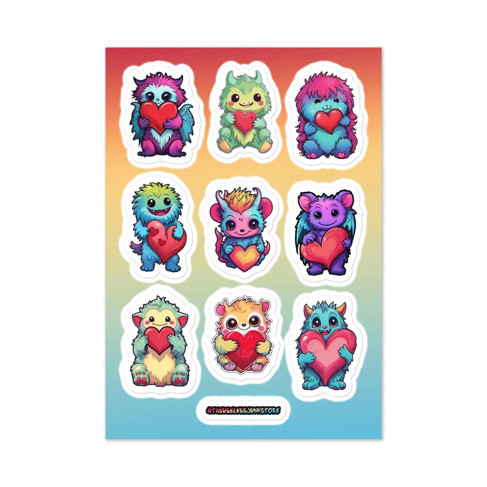 Cute Monster Heart Stickers Sheet Assorted Color Character Designs
