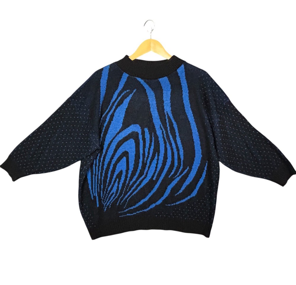 Vintage 80s Custom Design Sweater Womens L Black Blue Abstract Graphic Batwing-image