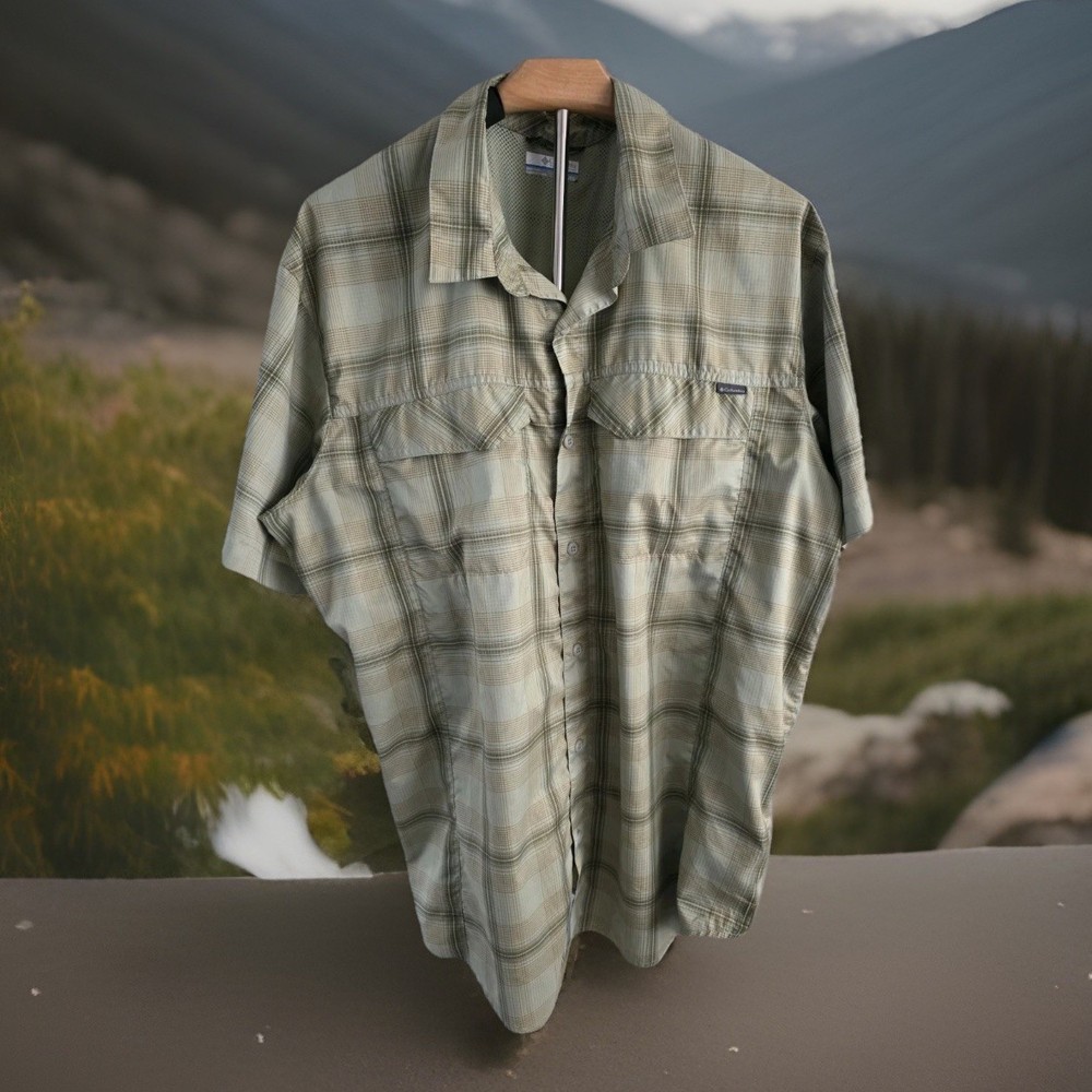 Columbia Omni-Shade Mens XL Vented Short Sleeve Green Plaid Fishing Shirt