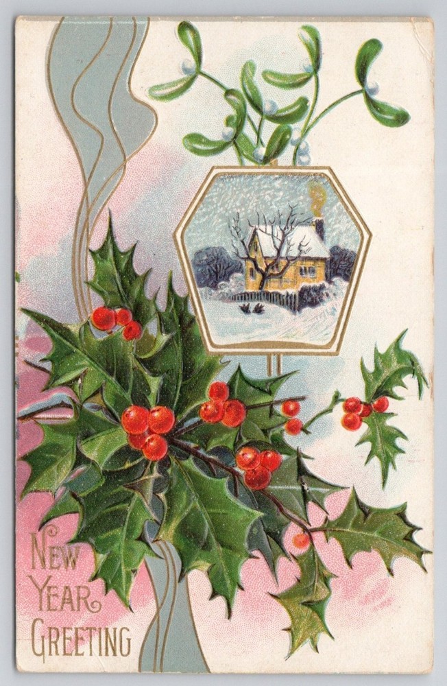 1911 Embossed New Year Greeting Postcard, Snow Scene & Holly, Rothsville PA