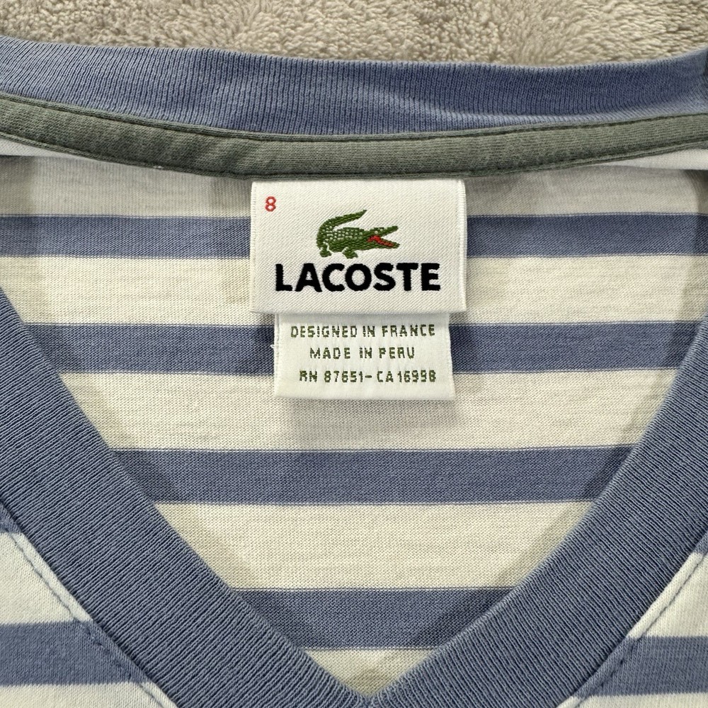 Lacoste Mens White & Blue Striped V Neck Short Sleeve T Shirt Size 8 Cotton