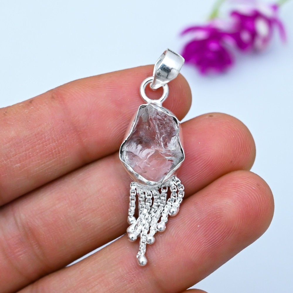 Natural Raw Crystal Quartz Gemstone Pendant 925 Sterling Silver Handmade Jewelry