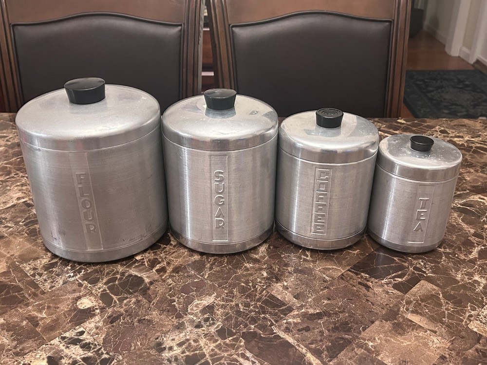 VTG 1950s MCM Brushed Aluminum Canister Set 4pc Flour Sugar Coffee Tea Atomic
