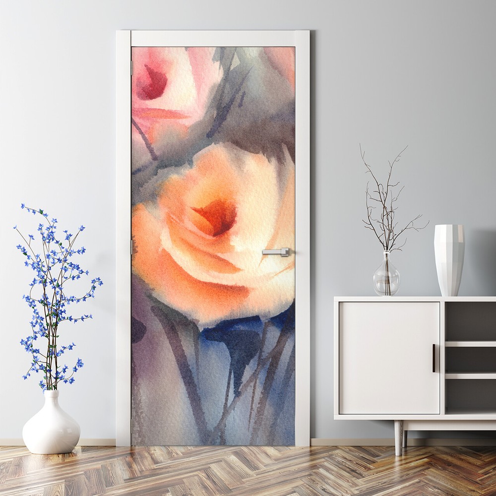 Door Decal Sticker Orange Roses Bouquet Garden Floral Painting Watercolour