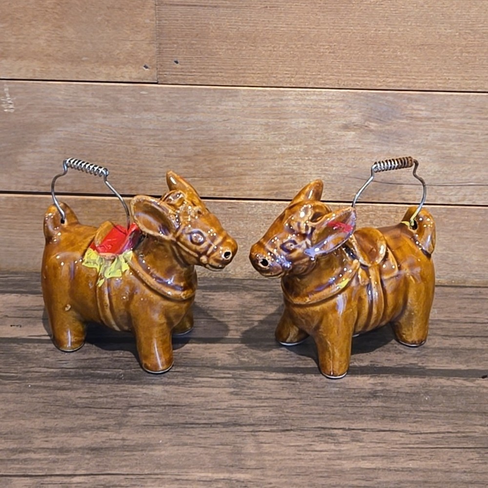 Vintage Ceramic Pair Of Donkey  Mule Salt and Pepper Shakers Japan Saddles