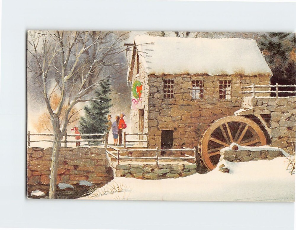 Postcard Winter Scene Water Wheel Mill