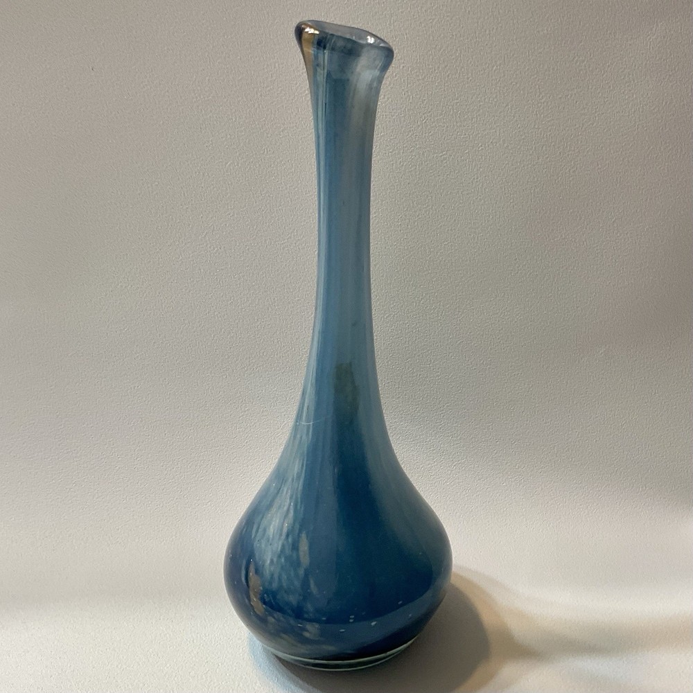 Hand Blown Art Glass Bud Vase Blue with Gold Shimmer 8.75” H x 3.5” W