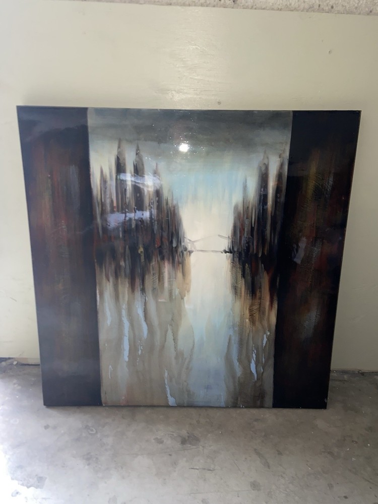 Large Abstract Landscape Painting on Canvas, Brown and Blue Tones, Unframed