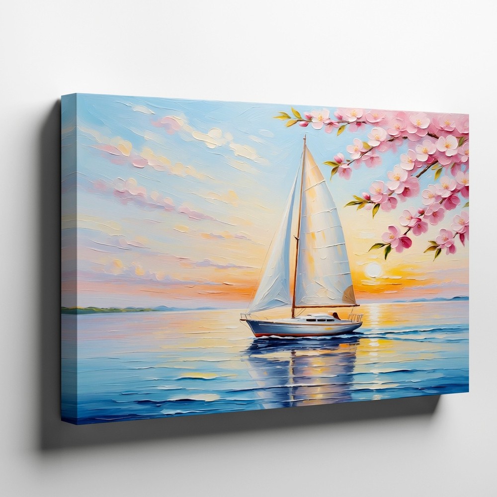 Sailboat Canvas Wall Art Seascape Painting Ocean Sunset Blossoms Nautical Decor