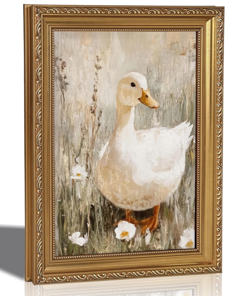 Gold Framed Vintage Duck Canvas Wall Art Cute Farmhouse Animal Oil Painting P...