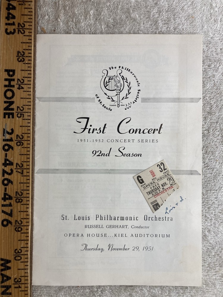 1951 1952 First Concert St. Louis Philharmonic Orchestra Program Ticket Vtg