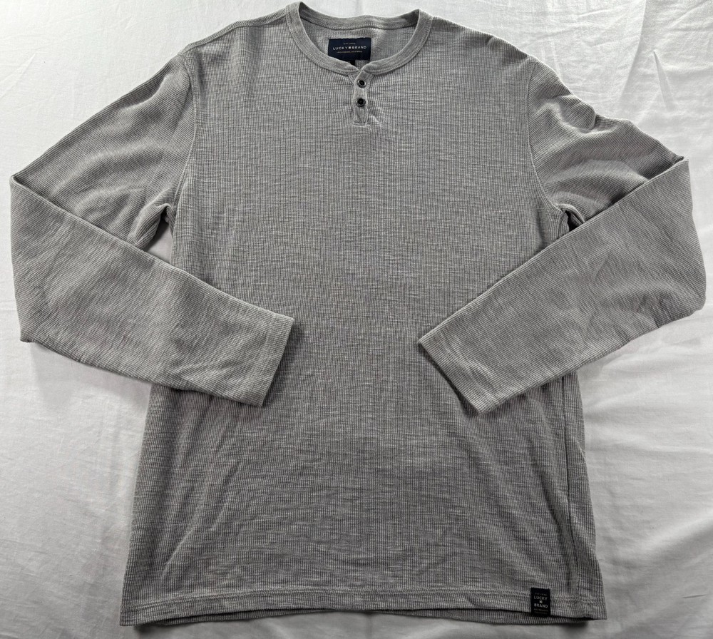 Lucky Brand Henley Shirt Mens Sz M Waffle Knit Gray Long Sleeve Casual