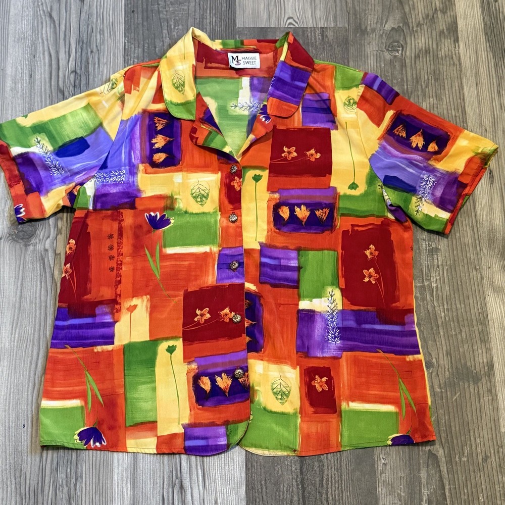 Vintage Maggie Sweet Women's Button Down Shirt short Sleeve Multicolor sz L