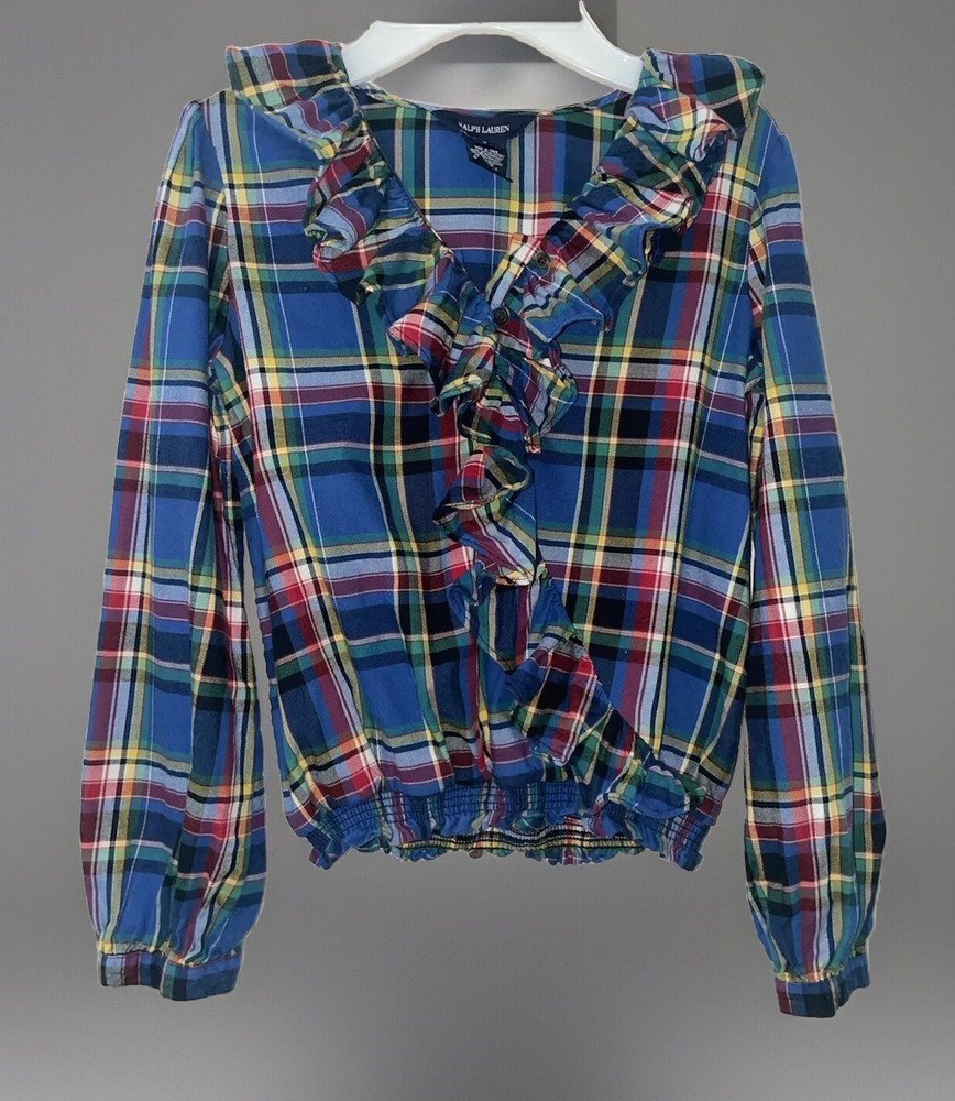 Ralph Lauren Girls Plaid Ruffle V-neck Puffed Sleeve Banded Hem Top Blouse Sz 8