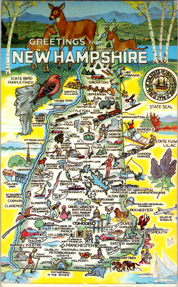 Vintage Postcard Greetings from New Hampshire Map