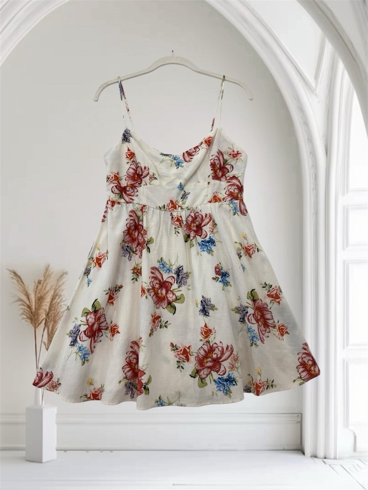 Zara Floral Linen Blend Mini Dress Women’s Size Medium Smocked Strappy