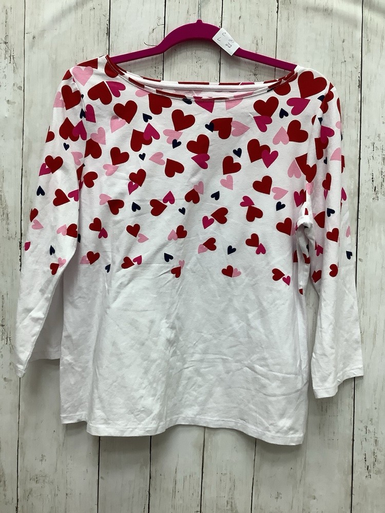 Talbots Large White Bateau Neck Tee Scattered Red Pink Hearts 3/4 Sleeve Top