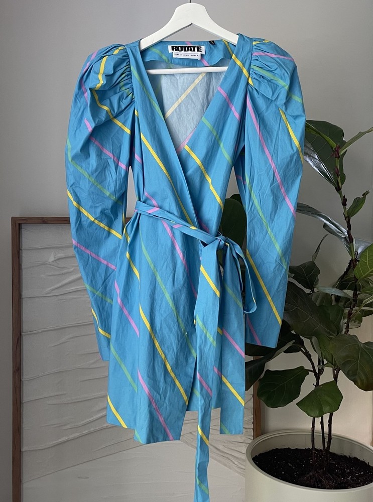 Women's ROTATE Birger Christensen Blue 80's Striped BRIDGET Mini Wrap Dress US 2