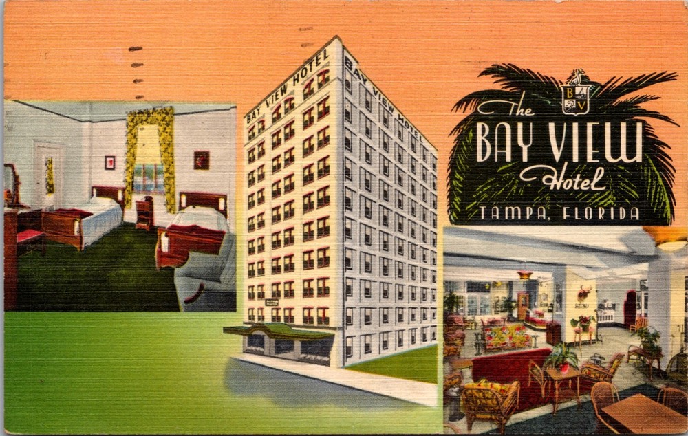 Bay View Hotel Tampa Florida Linen Postcard 1951 Mailed Art Deco Interior