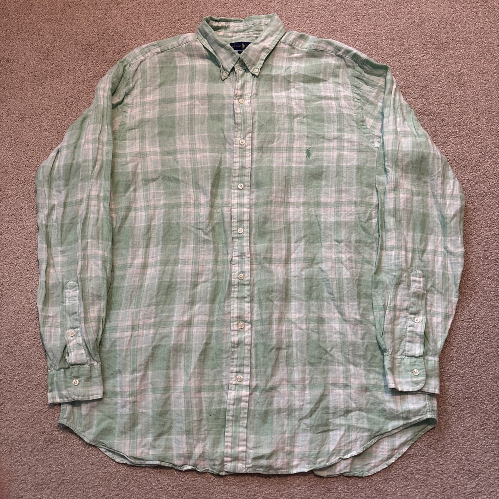 Polo Ralph Lauren Shirt Men XLT Green 100% Linen Long Sleeve Button Down Plaid