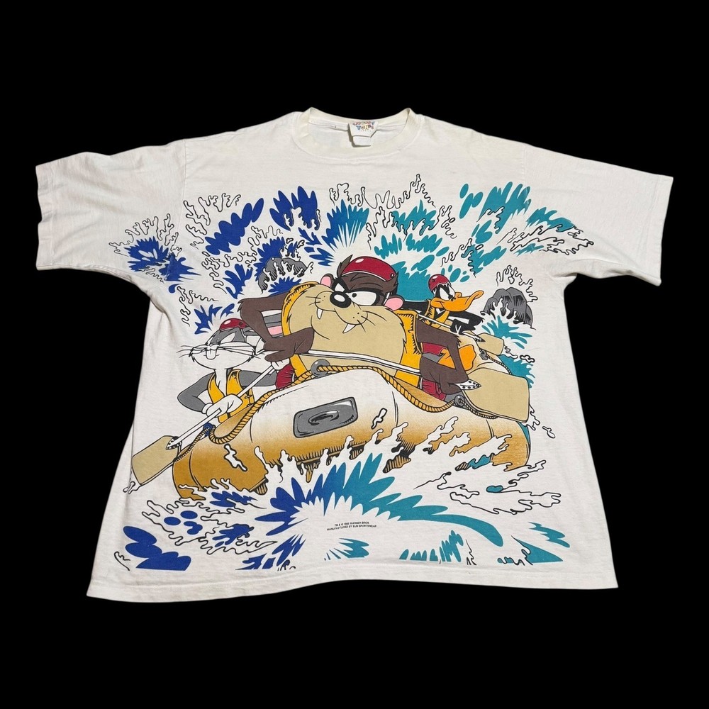 Vintage 1995 Looney Tunes Adventure Team Rafting Big Print Shirt Men's 2XL Flaws