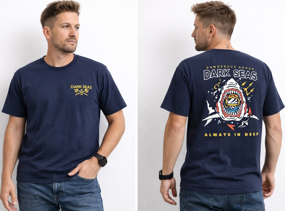 Dark Seas Blue Shark Graphic Logo Crew Neck Short Sleeve T-Shirt Men's M