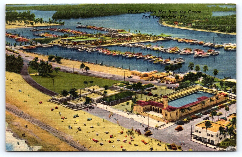 VINTAGE OLD ANTIQUE POSTCARD BAHLA MAR BOATS OCEAN FORT LAUDERDALE FLORIDA USA