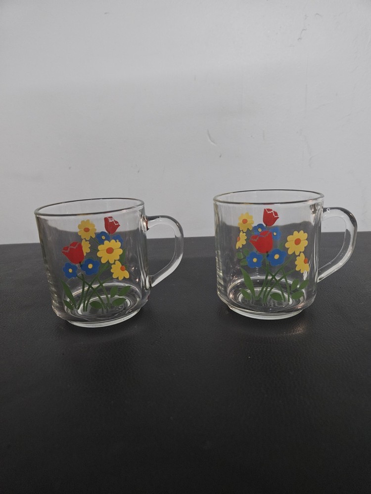 Vintage Luminarc Glass Coffee Cup Mugs Spring Garden 1970's France Set Of 2