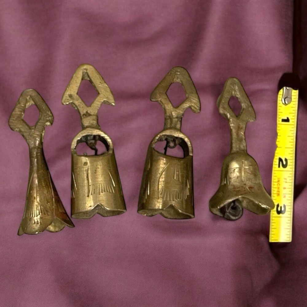 Antique Ornate Brass Bells Etched Approximately 3.25” Lot Of 4 Rare India