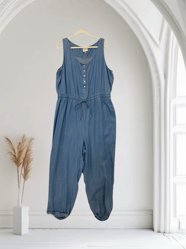 Knox Rose Womens Denim Jumpsuit Size XXL Elastic Waist Super Soft Boho Chic