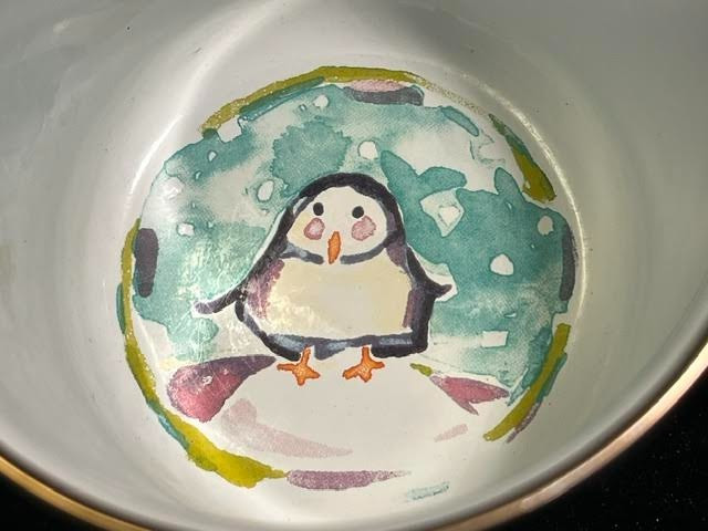 Vintage MacKenzie-Childs Multi Pattern Penguin Enamel Mug Retired