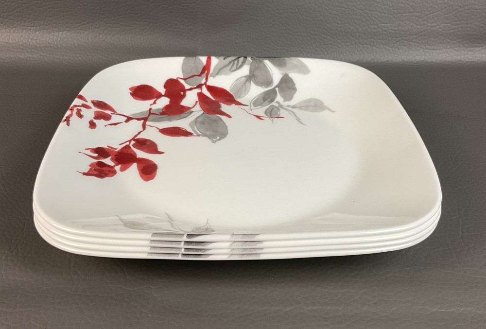 Set of 4 Corelle Kyoto Leaves Square Lunch Luncheon Salad Dessert Plates 9”