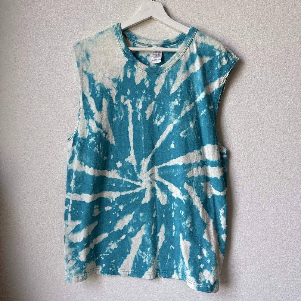 Vintage Fruit of the Loom Tie-Dye Tank Top Women's L Blue Crew Neck Cotton Knit