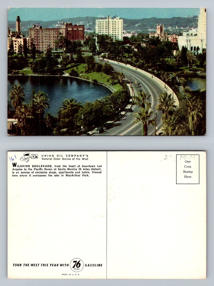 Los Angeles, CA-California, Wilshire Blvd MacArthur Park Lake Vintage Postcard