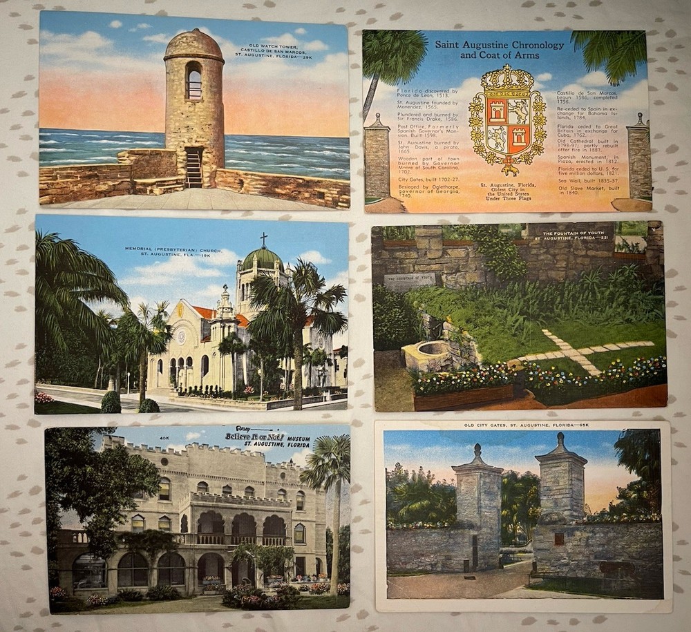 Linen Postcards Florida~ St. Augustine Views-Watchtower•Fountain Of Youth & More
